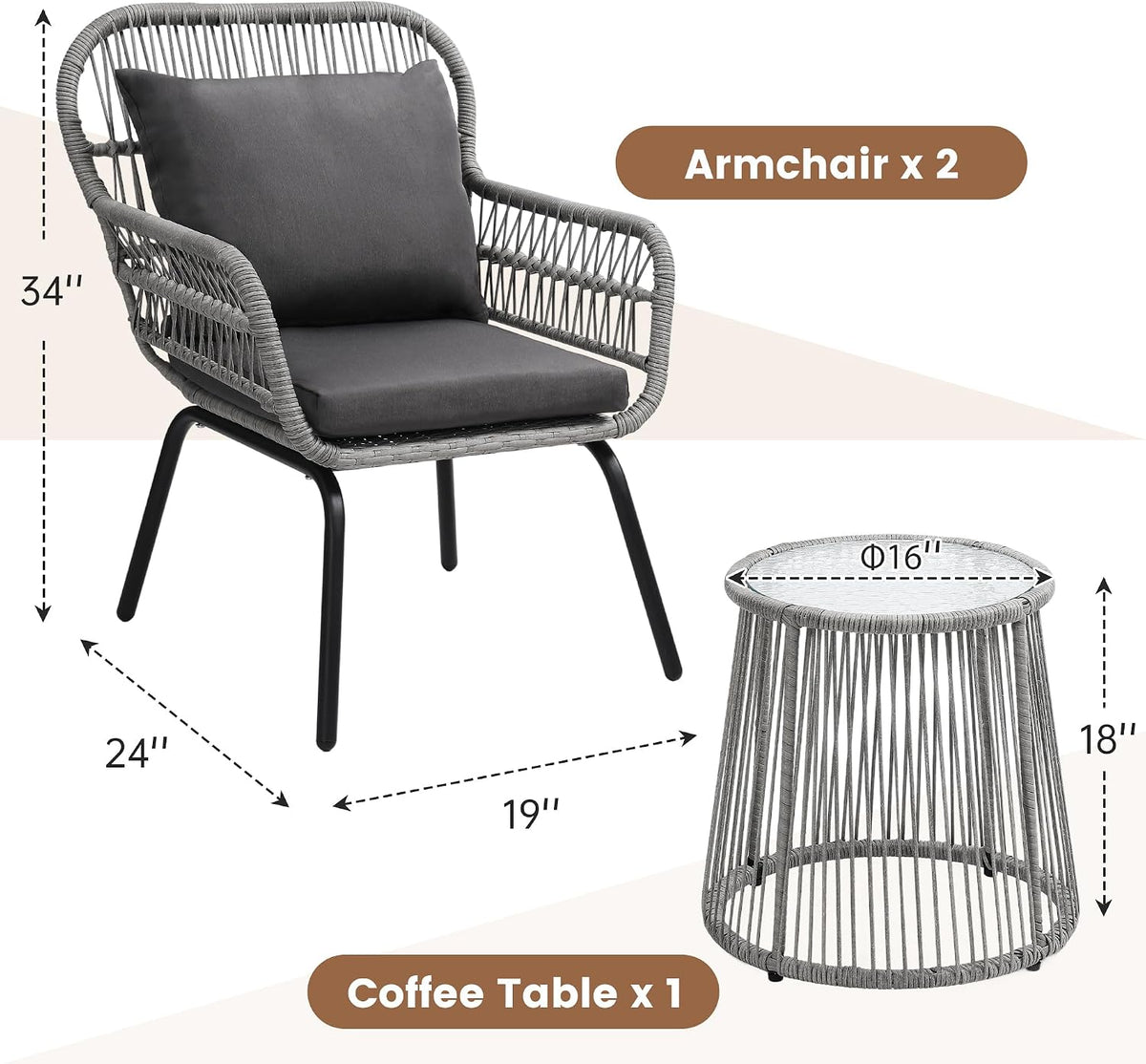 wildformers 3 pieces rattan wicker bistro set, patio, package contents