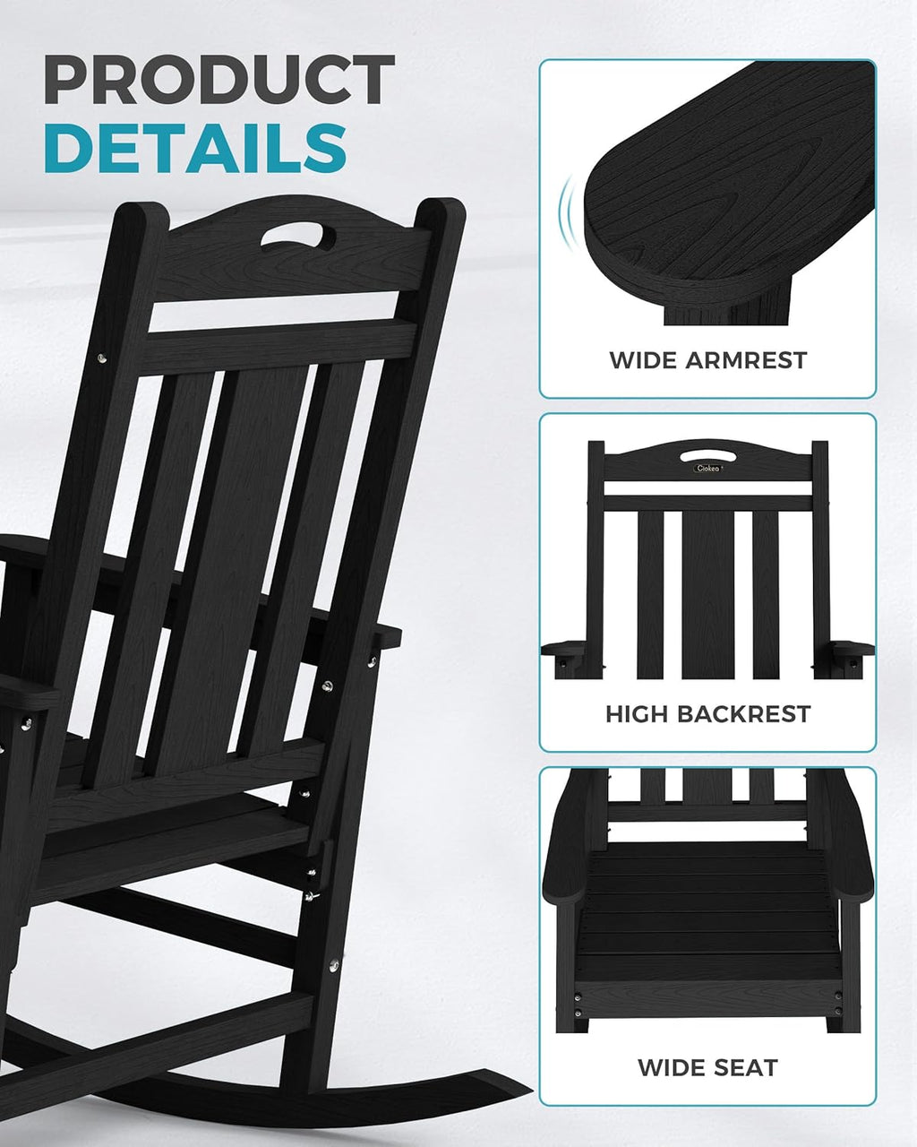 Ciokea Oversized Outdoor Rocking Chairs Set of 6, 380lbs Heavy-Duty Large Patio Rocker, High Back Cozy Porch Chairs, Weather Resistant Patio Rocking Chairs for Outside, Fire Pit, Deck, Black