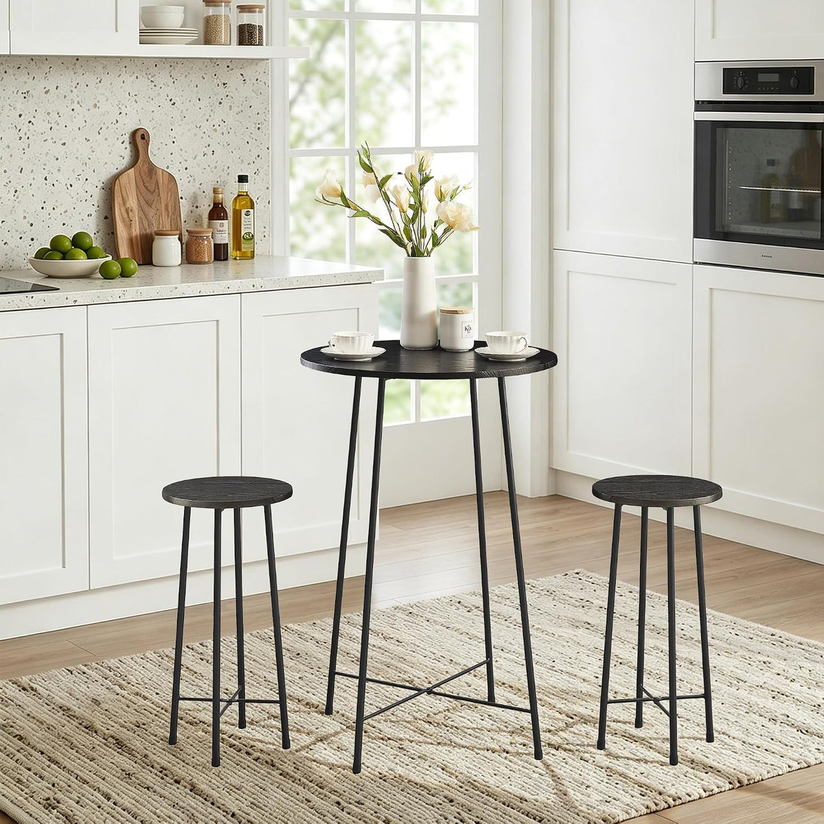 VECELO 3 Piece Pub Table and Chairs Sets Counter Height Bistro Bar Sets with 2 Barstools for Kitchen Breakfast Nook, Small Space, Apartment, Breakfast Dinner Restaurant, Black