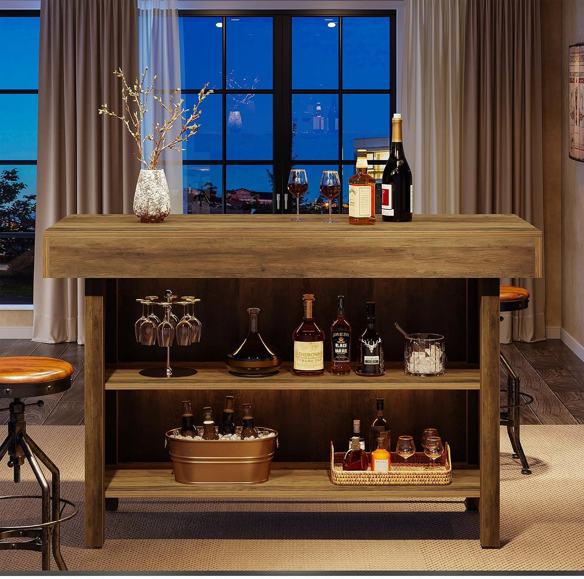 Tribesigns 57.48" Bar Table with Metal Footrest and 2-Tier Storage Shelves