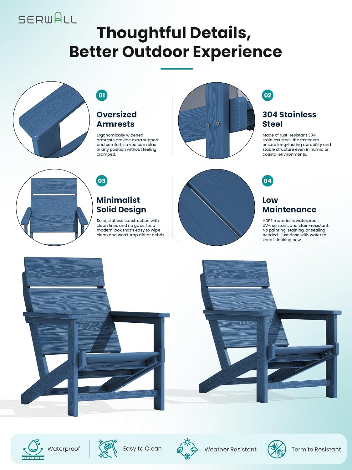 SERWALL Modern Adirondack Chairs Set of 4,Slateless,Solid Backrest,Blue