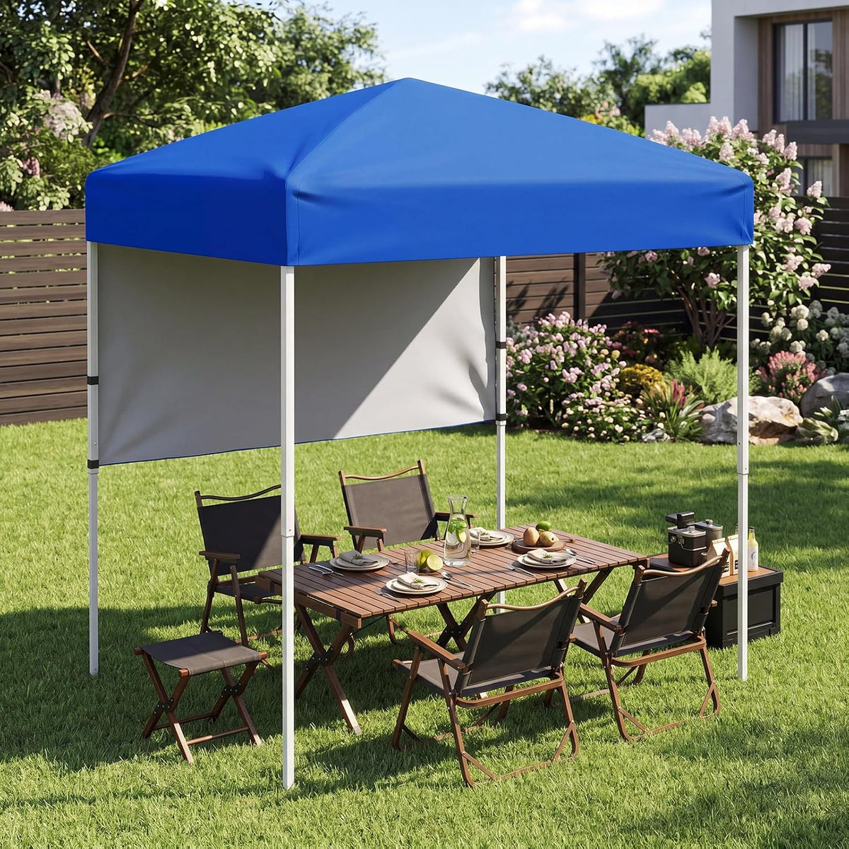 Goplus 6 x 4 FT Pop Up Canopy, UPF50+ Easy Setup Tent w/ 1 Half Sidewall, Silver-Coated Top, Foldable Outdoor Gazebo w/Carrying Bag, Sun Shelter Tent for Events, Sports, Camping, Markets (Blue)