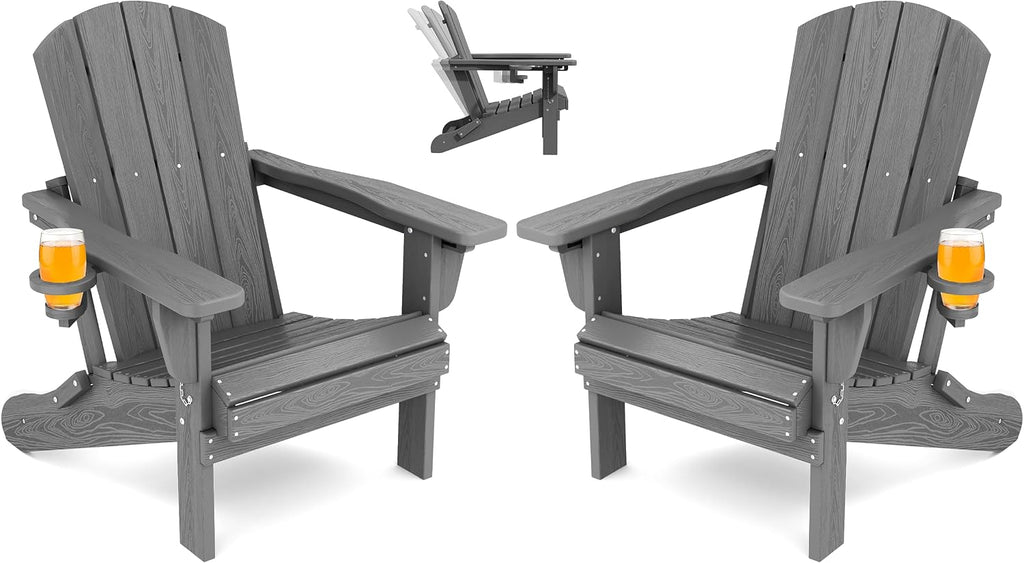 SERWALL Folding Adjustable Adirondack Chairs Set of 2, Cup Holders, Gray