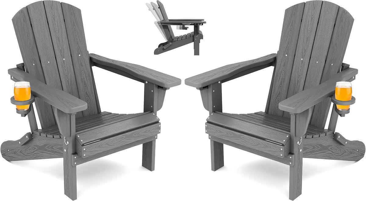 SERWALL Folding Adjustable Adirondack Chairs Set of 2, Cup Holders, Gray