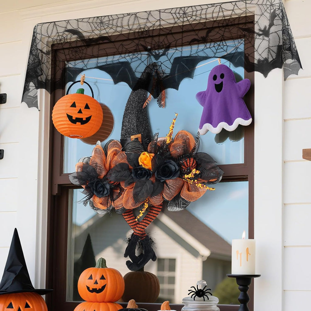 Halloween Wreath for Front Door, Witch Hat & Spiderweb Mantel Scarf Set