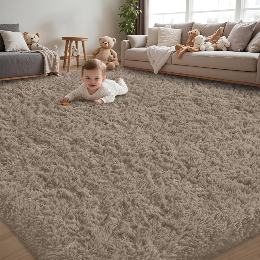 8x10 Area Rug for Living Room,Grey Camel Fluffy Shag Non-Slip Bedroom Rugs