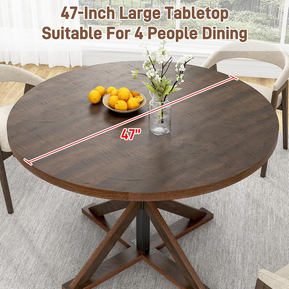 jiteentarou Round Wood Dining Table for Kitchen,Dining Room,Living Room,Farmhouse Dinner Tables W/Thickened Brown Wooden Waterproof Tabletop for 4 People,47 inch Rustic Kitchen Table W/Metal Support