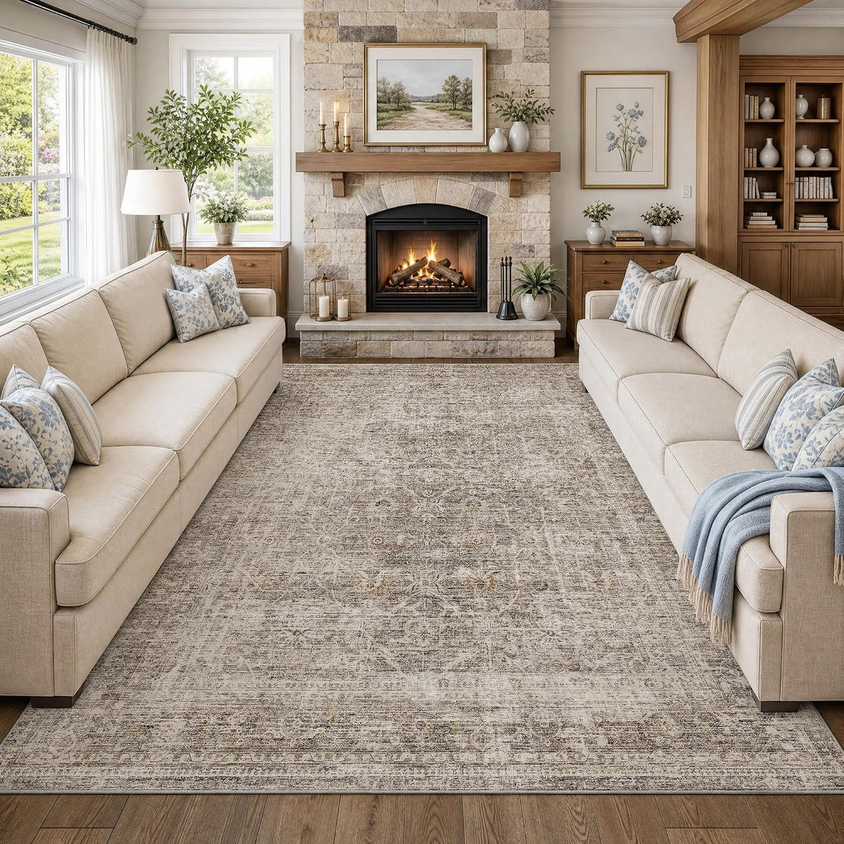 FMFUNCTEX 9x12 Washable Taupe Vintage Distressed Area Rug for Living Room