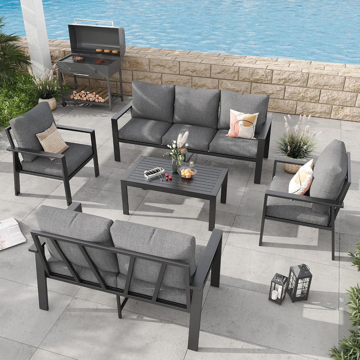 5 Pieces Aluminum Patio Conversation Set Metal Deck Outdoor Furniture 7-Seat All-Weather Rust-Proof Sectional Sofa Set with Removable Cushion for Balcony, Yard, Poolside & Small Spaces