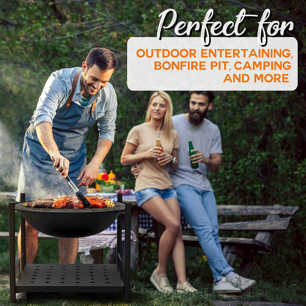 SereneLife Outdoor Wood Fire Pit - 26" Steel BBQ Grill with Mesh Spark Screen, Log Grate, Fire Poker & Cover for Camping, Picnic, Bonfire - Durable, Easy to Assemble, 2 in 1