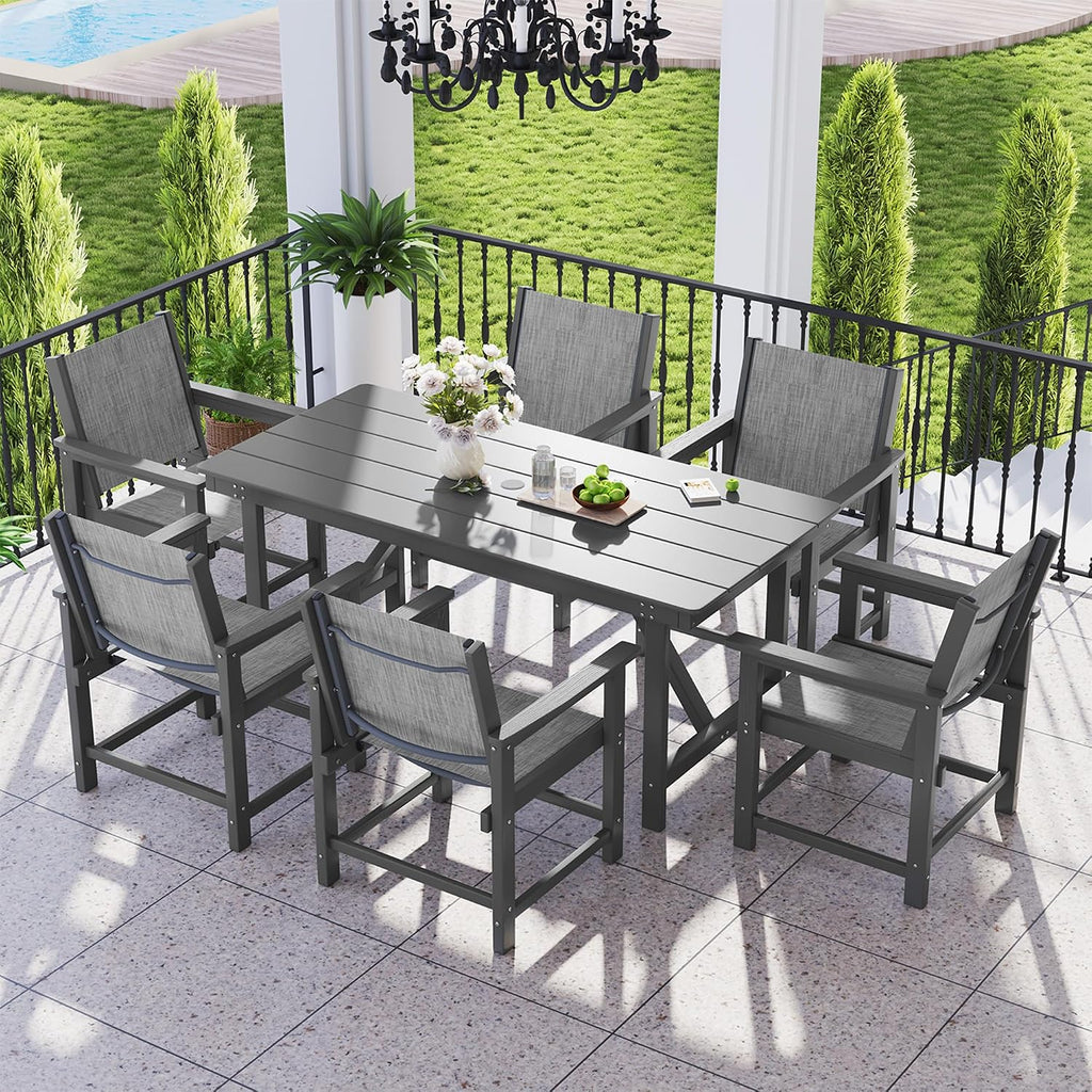 7 Pcs HDPE Outdoor Dining Set for 6 Patio Umbrella Hole Table and Chair Set