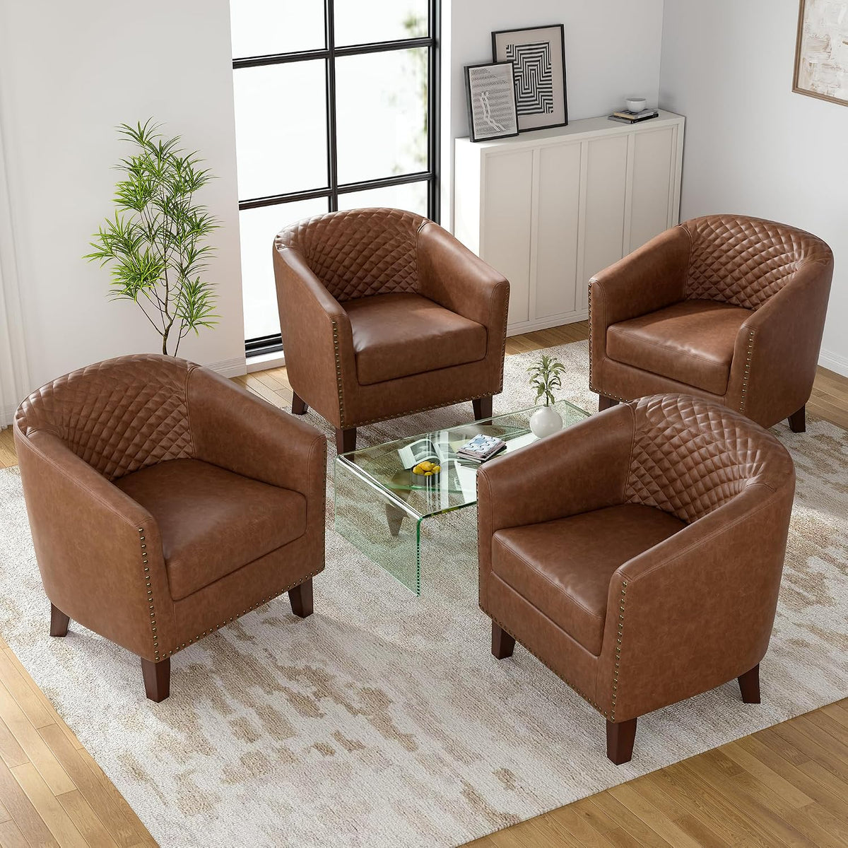 Faux Leather Barrel Accent Chairs Set of 4, Modern Armchair, Brown