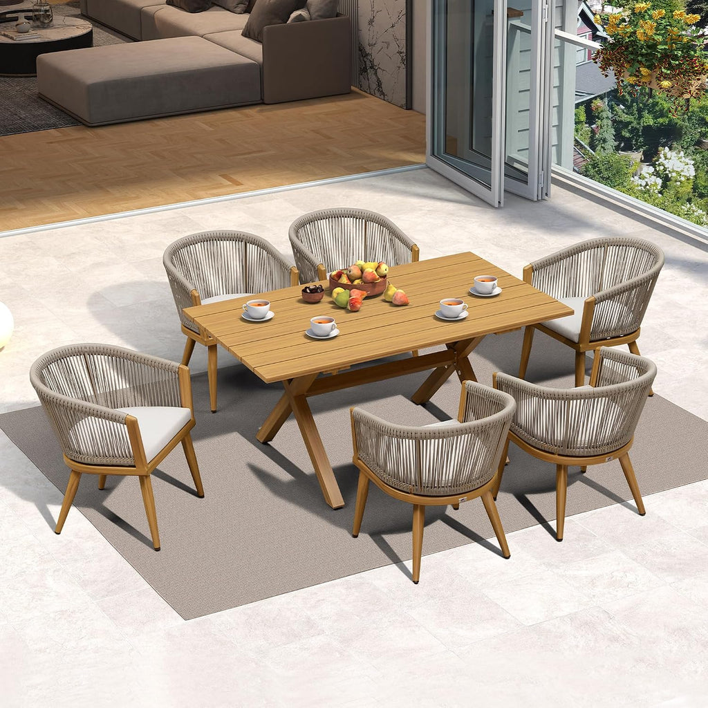 PURPLE LEAF Outdoor Dining Set for 6 with Cushions PE Rattan Teak