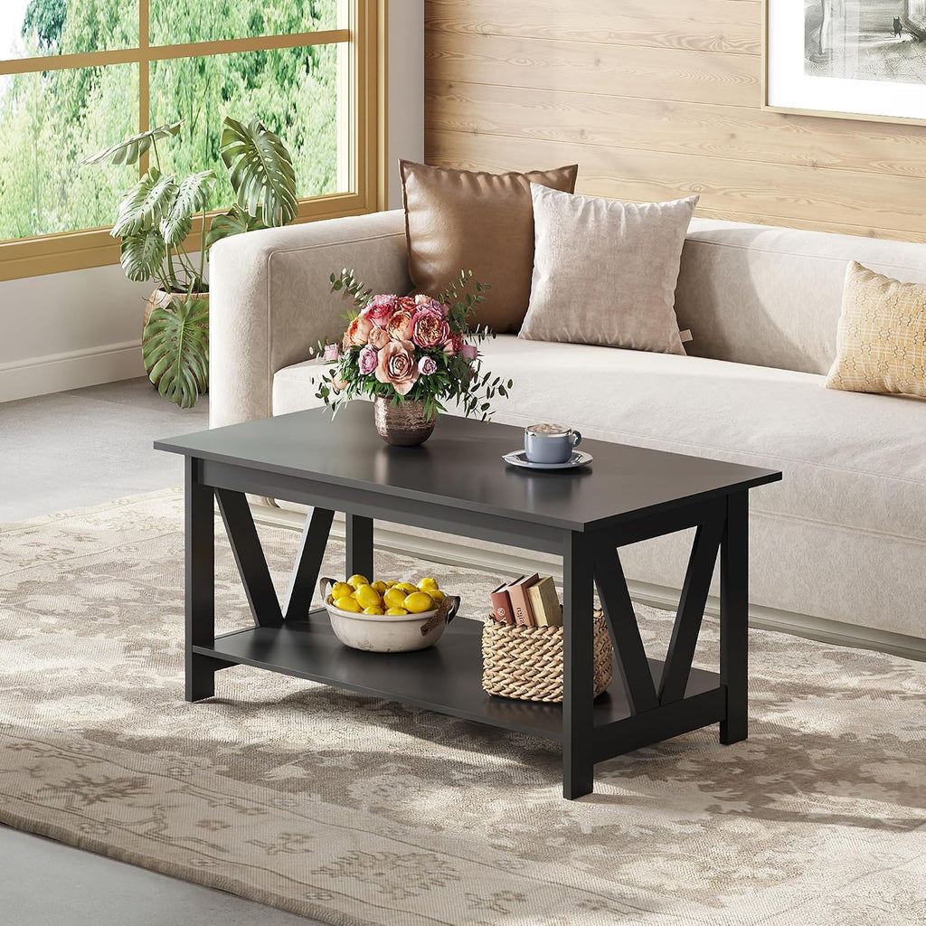 WLIVE 39.4" Farmhouse Coffee Table, Wood Center Table Storage Black
