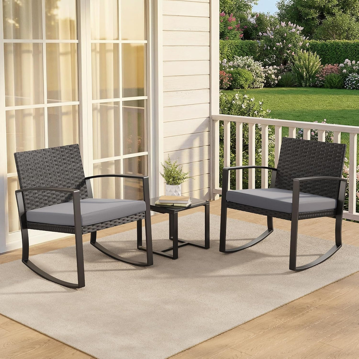 Qsun 3 Pieces Patio Furniture Set Rocking Bistro Set Outdoor Rattan Conversation with Coffee Table for Garden Balcony Backyard Poolside (Grey Cushion)