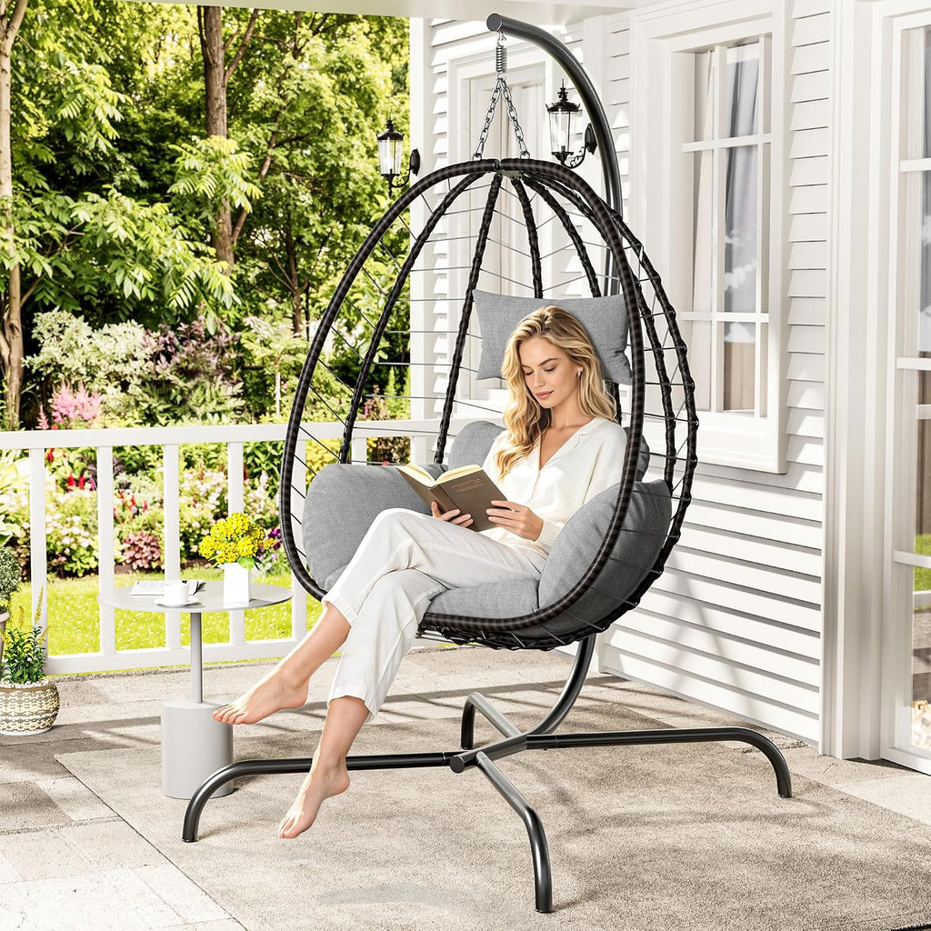 Kullavik Hanging Egg Chair Outdoor with Stand, Wicker Patio Swing Chair