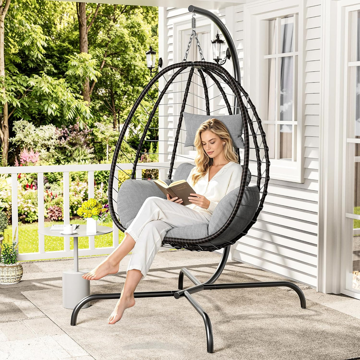 Kullavik Hanging Egg Chair Outdoor with Stand, Wicker Patio Swing Chair