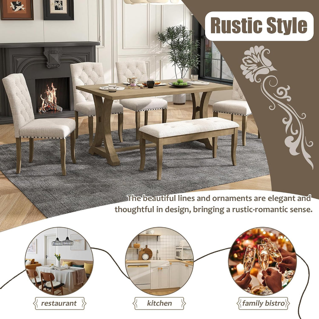 Mirightone Farmhouse Dining Table Set for 6, Dining Table with Bench and Chairs, 6 Piece Kitchen Table Set Solid Wood Dining Room Set with Trestle Table Legs (Natural Wood Wash)