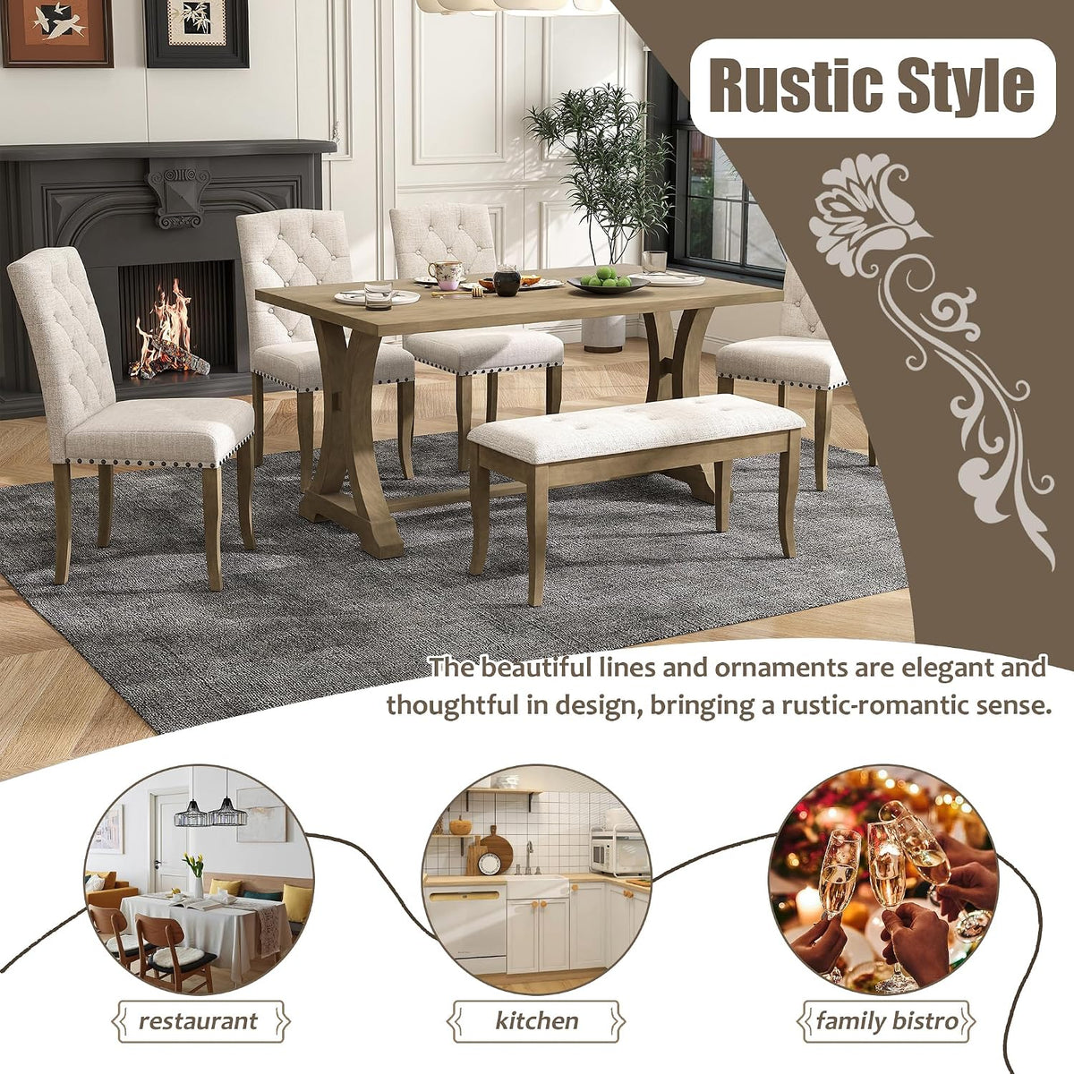Mirightone Farmhouse Dining Table Set for 6, Dining Table with Bench and Chairs, 6 Piece Kitchen Table Set Solid Wood Dining Room Set with Trestle Table Legs (Natural Wood Wash)