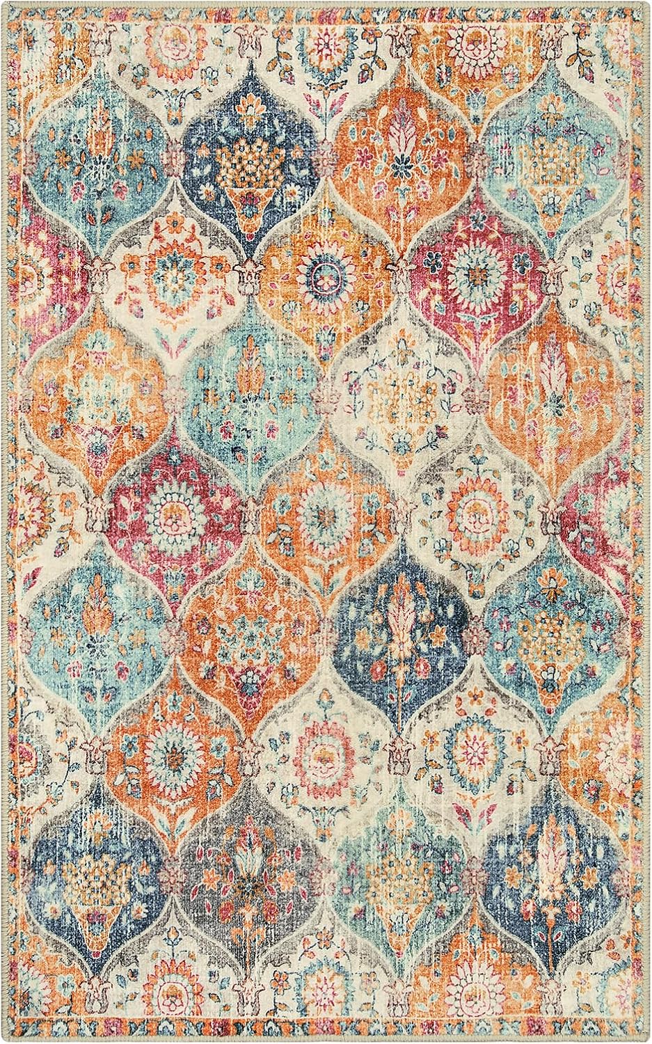 Lahome Moroccan 5x8 Area Rug, Ultra-Thin Washable Rugs for Living Room Bedroom, Soft Large Oriental Non-Slip Non Shedding Throw Large Carpet for Dining Room Office Elise, Cream/Multi