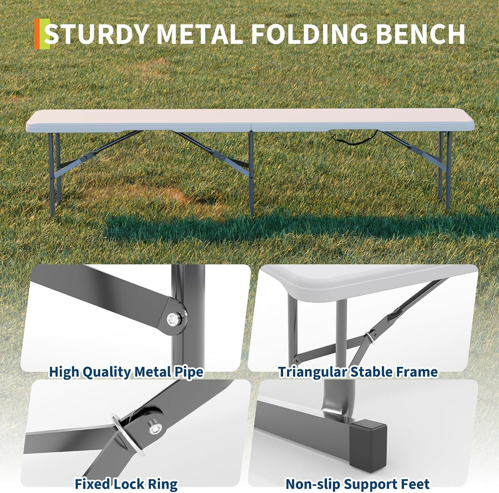 6ft folding bench, 2 pack fold-in-half portable seating showing dimensions