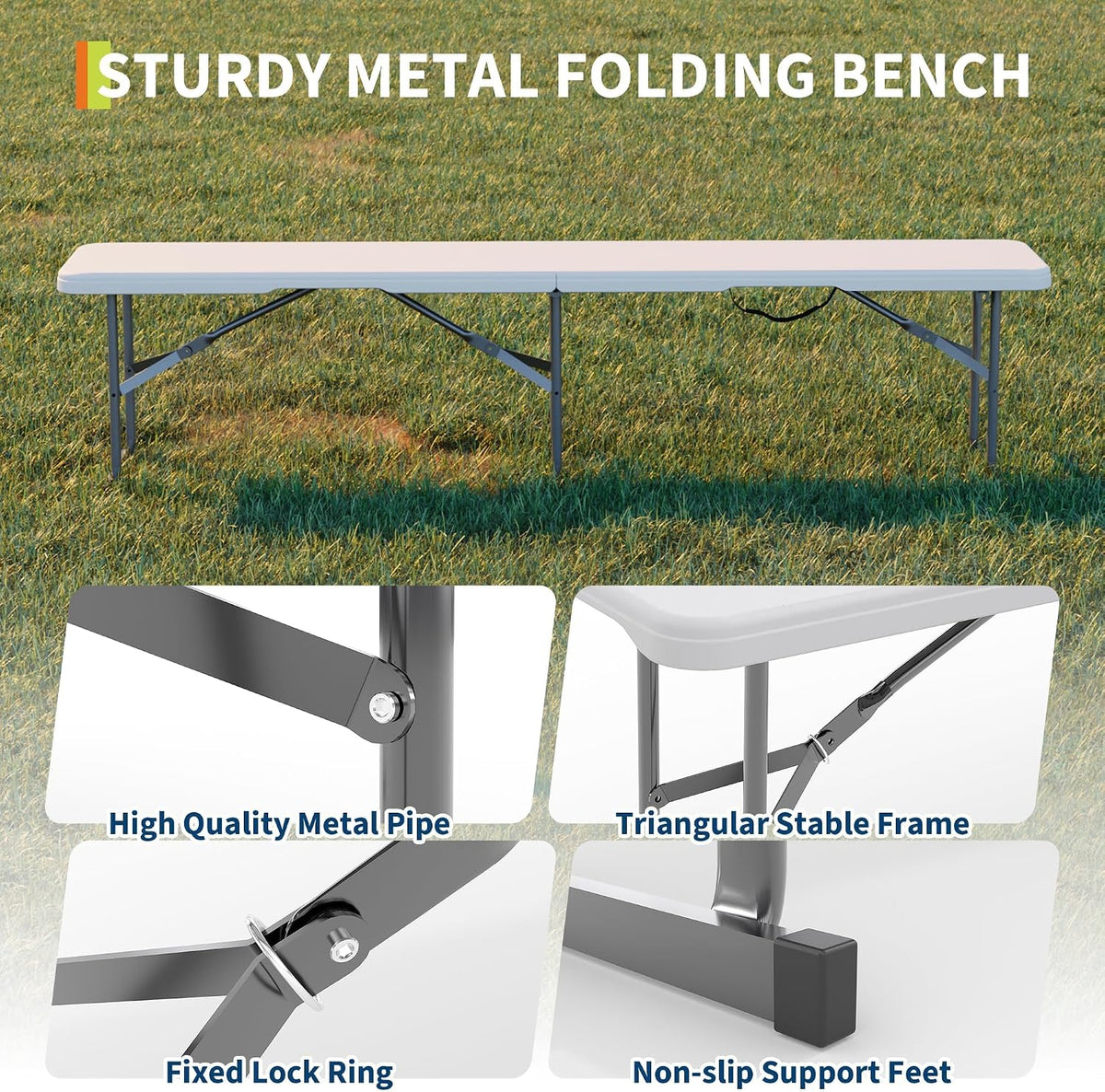 6ft folding bench, 2 pack fold-in-half portable seating showing dimensions