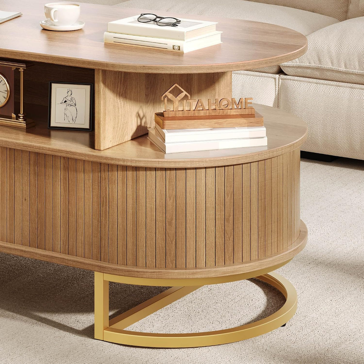 YITAHOME 47.2" Oval Coffee Table with Sliding Doors, Storage, Natural Oak