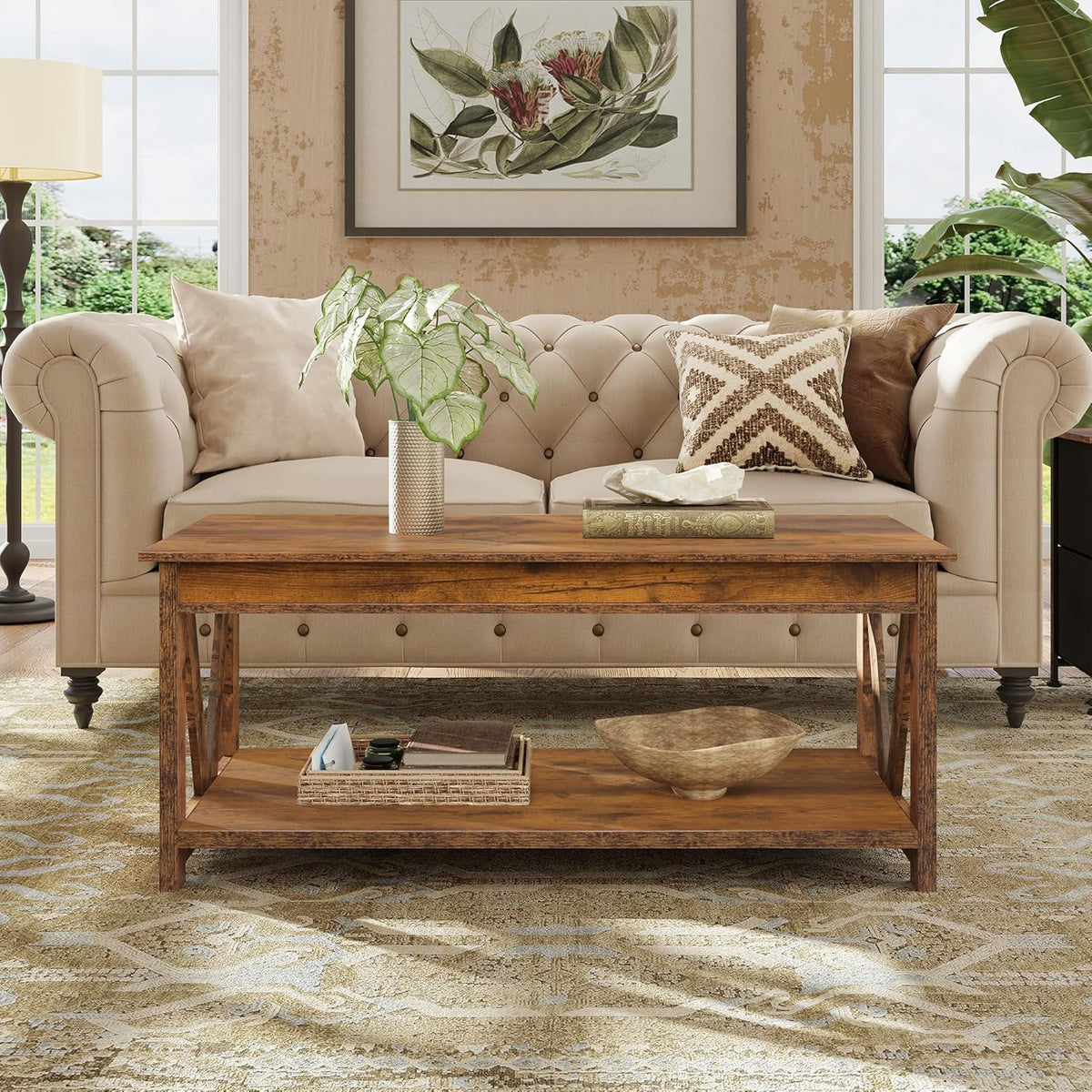 WLIVE Coffee Table, 43.3 Inch Farmhouse Table with Storage, Rustic Brown