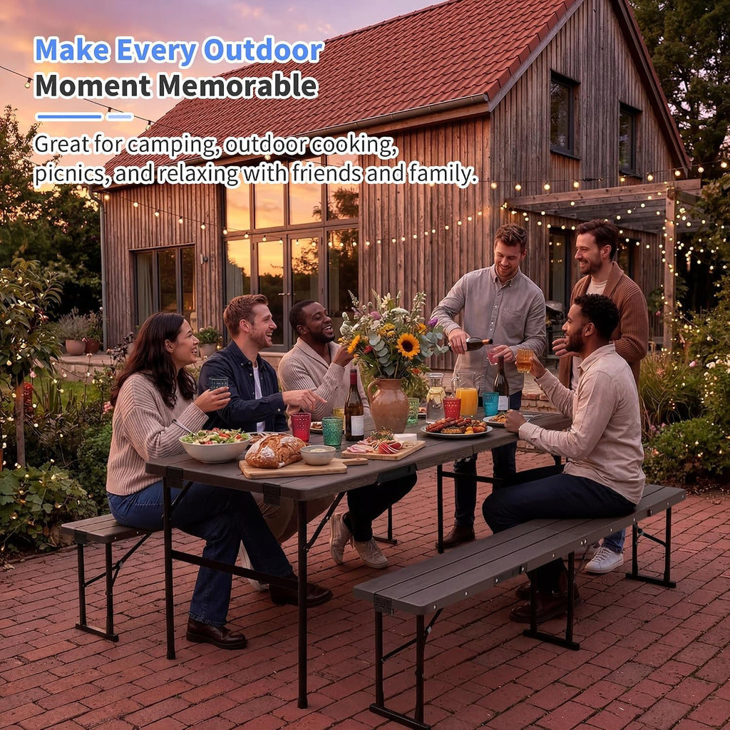Polar Aurora Picnic Table Set with 2 Benches, 6 Feet Folding Camping Table Chair Set, Portable 3-Piece Outdoor Furniture with Wood Grain Top for Party, Picnic, Camping, Wedding (Brown)