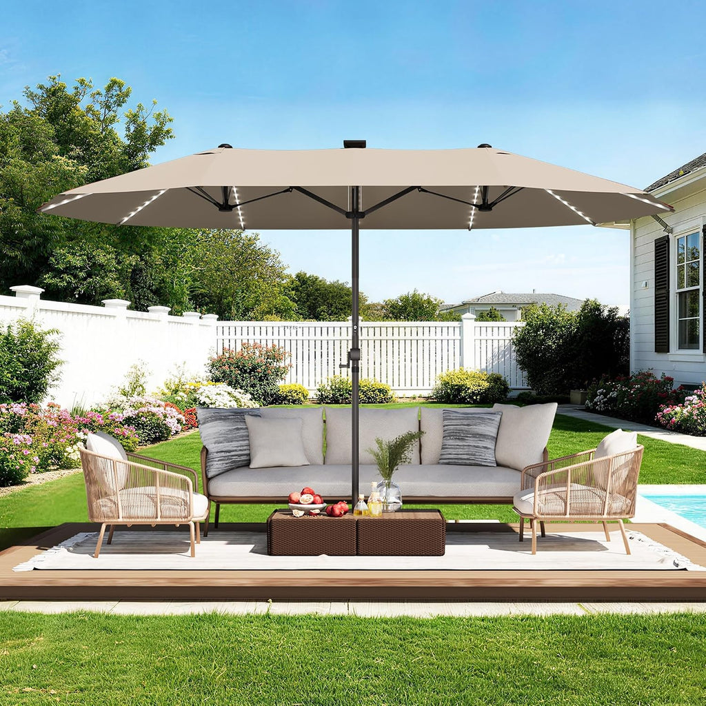 GDPFN 15ft Rectangular Patio Umbrella with Solar LED Lights, Double-Sided Outdoor Market Umbrella Extra Large Shade for Pool, Deck, Backyard, Garden, Beige (Base Not Include)