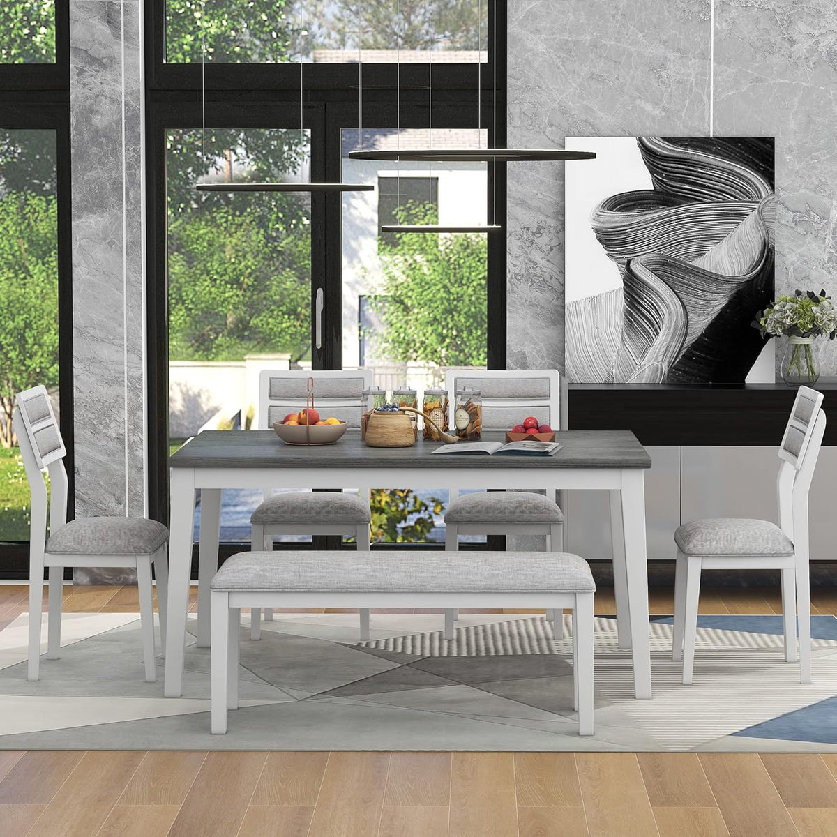 Harper & Bright Designs Classic and Traditional Style 6 - Piece Dining Set, Includes Dining Table, 4 Upholstered Chairs & Bench (White+Gray), (ST000043AAK-MZJ)