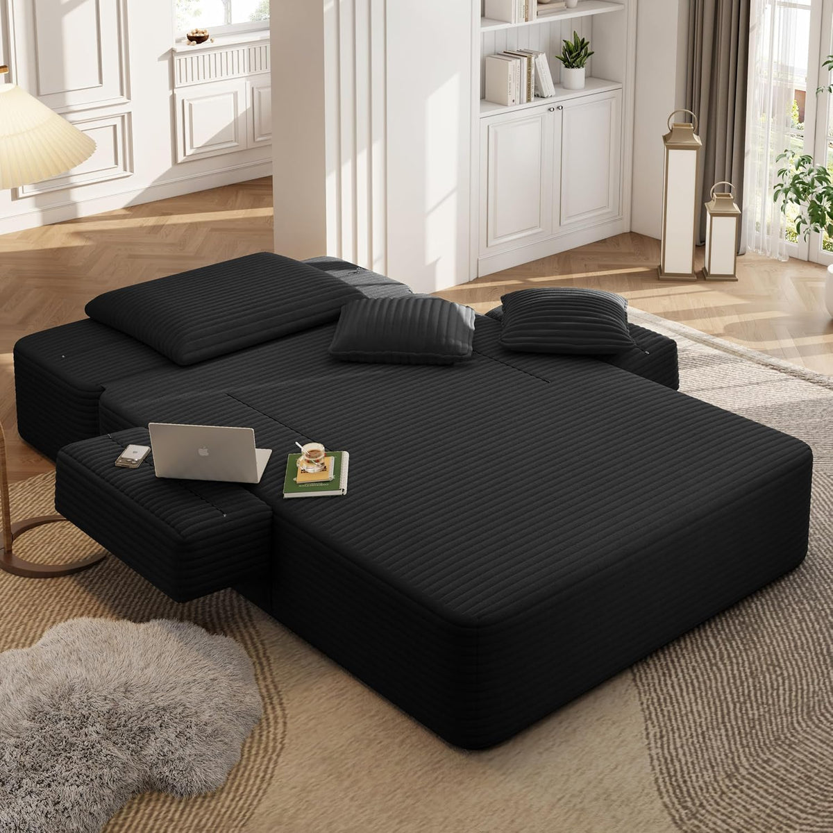 Avenix 70" Oversized Boneless Chaise Lounge Chair Indoor, Comfy Oversized Reading Chair Sleeper Sofa Couch Bed with 3 Fluffy Pillows, No Assembly Required, Black