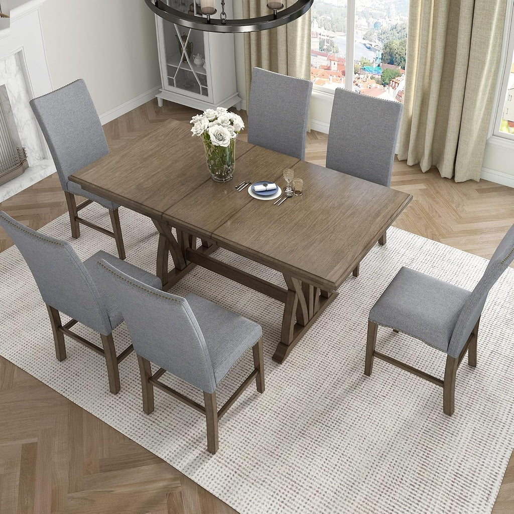 Mid-Century Extendable Dining Table Set for 6, Solid Wood 7-Piece Dining Table Set with 6 Upholstered Chairs and 12" Leaf, Home Breakfast Kitchen Dining Room Set for 6, Retro X Cross Trestle Base