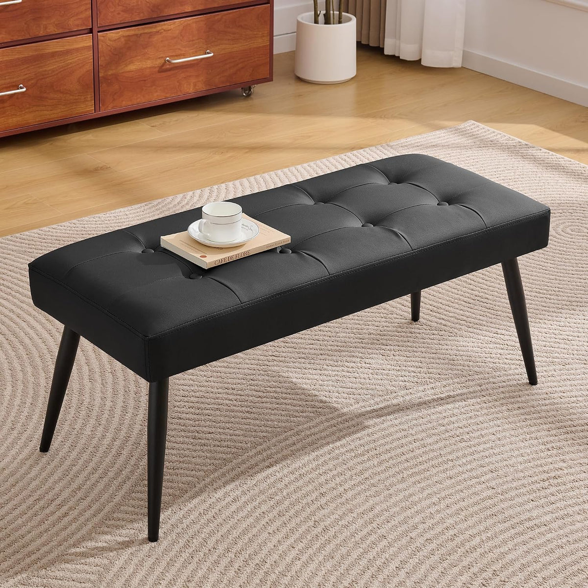 LOULENS Faux Leather Entryway Bench, Modern Upholstered Bench, Matte Black