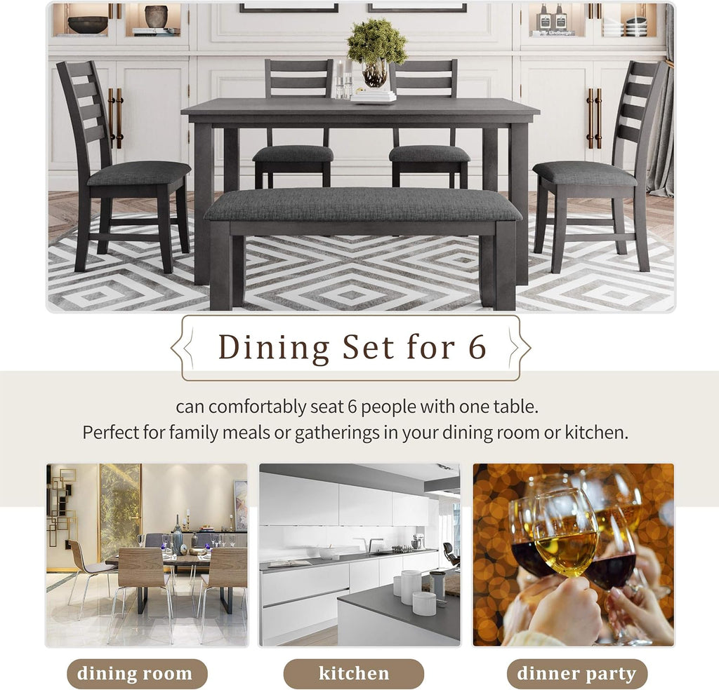 Harper & Bright Designs 6 Pieces Wooden Dining Table Set, Rectangle Table and 4 Chairs with Bench with Cushion, Kitchen Table Chairs Set for 6 Persons, Dining Room Set (Gray)
