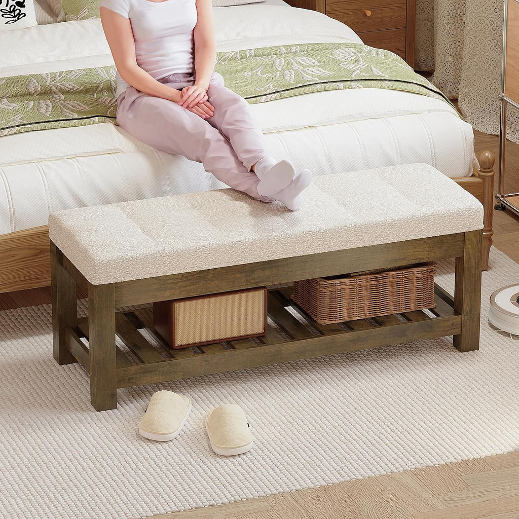 47.2" Upholstered Ottoman Bench with Wood Storage Shelf