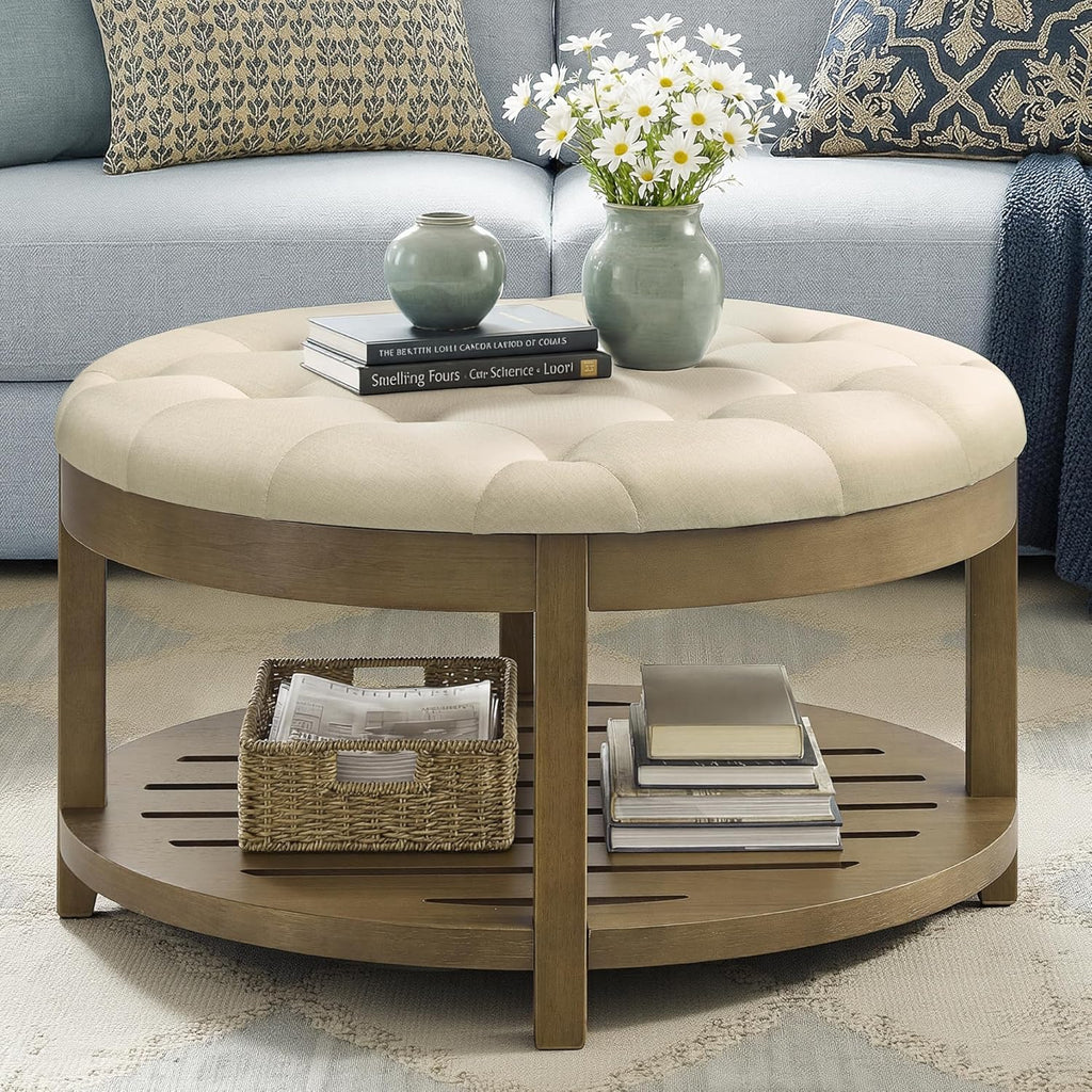 SONGMICS Storage Ottoman with Solid Wood Frame, 31.5 x 31.5 x 17.7 Inches