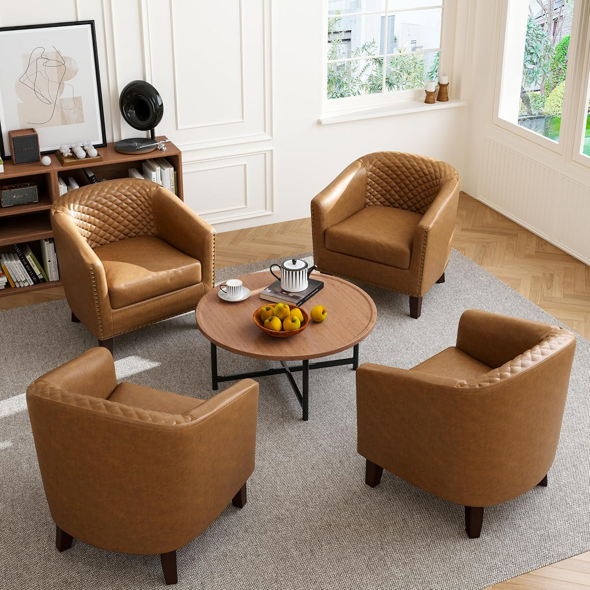 Faux Leather Barrel Accent Chair with Nailhead, Light Browm, Set of 2