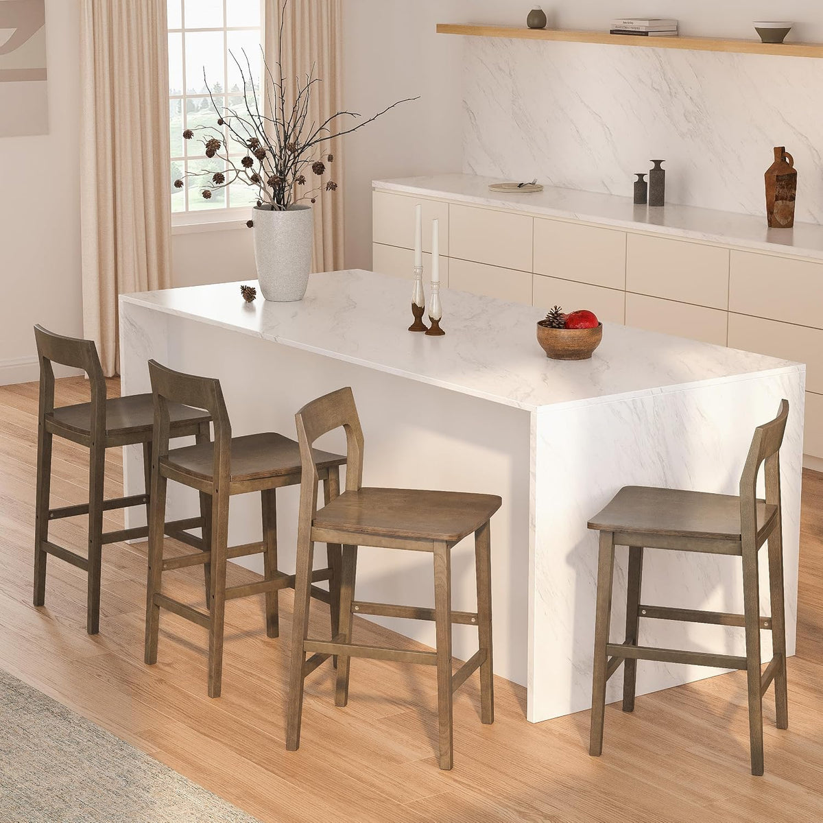 EYYTHUNG Basics Bar Stools Set of 4, Farmhouse 25” Counter Height Stools with Solid Wood Legs & Back, Mid Century Modern Barstools for Kitchen Island, Dining Room, Brown