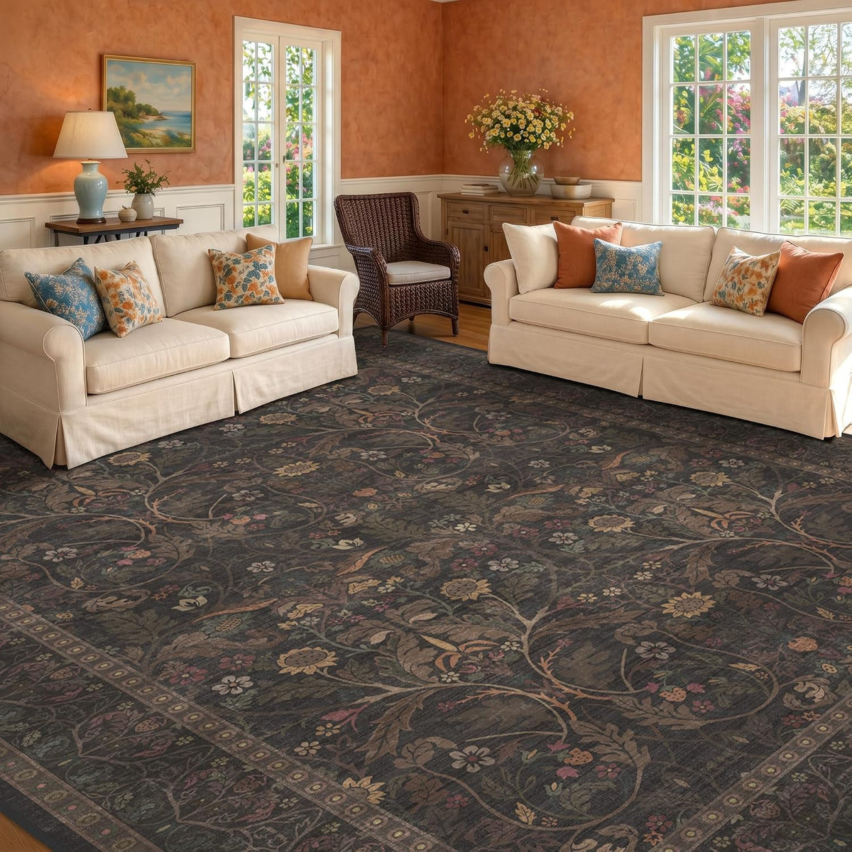 Washable 8x10 Area Rugs for Living Room, Black and Brown Halloween Rug for Bedroom Dining Room, Moody Floral Farmhouse Western Style Decor, Large Gold Southwest Non Slip Low Pile Carpet (Dark Brown)
