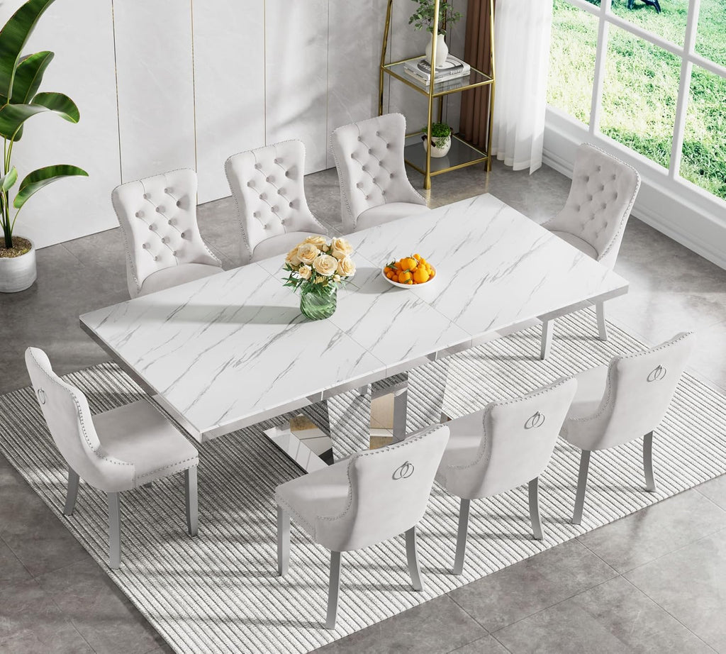Modern Extendable Dining Table Set for 8, 94" Faux Marble Expandable Table with 8 Beige Velet Chairs & Silver Mirrored Base, 9 Piece Luxury Extendable Dining Room Table Set for Dinner Family Gathering