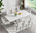 Modern Extendable Dining Table Set for 8, 94" Faux Marble Expandable Table with 8 Beige Velet Chairs & Silver Mirrored Base, 9 Piece Luxury Extendable Dining Room Table Set for Dinner Family Gathering