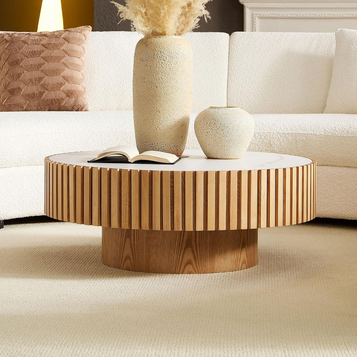 35.43" Oak Round Wood Coffee Tables with Faux Marble White Sintered Stone Tabletop, Contemporary Modern Farmhouse Boho Fluted Drum Circle Wooden Pedestal Center Table for Living Room Apartment Natural
