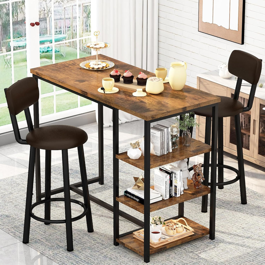 Kitchen Dining Table Set for 2, Bar Table and Chairs Set with 3 Storage Shelves, Tall Dining with 2 PU Leather Backrest Stools for Small Space, Kitchen Island, Apartment, Brown