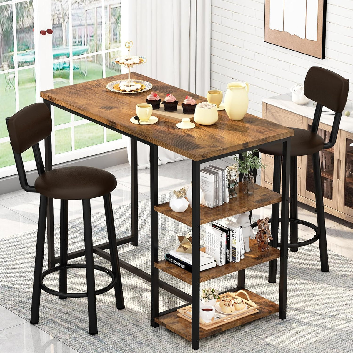 Kitchen Dining Table Set for 2, Bar Table and Chairs Set with 3 Storage Shelves, Tall Dining with 2 PU Leather Backrest Stools for Small Space, Kitchen Island, Apartment, Brown