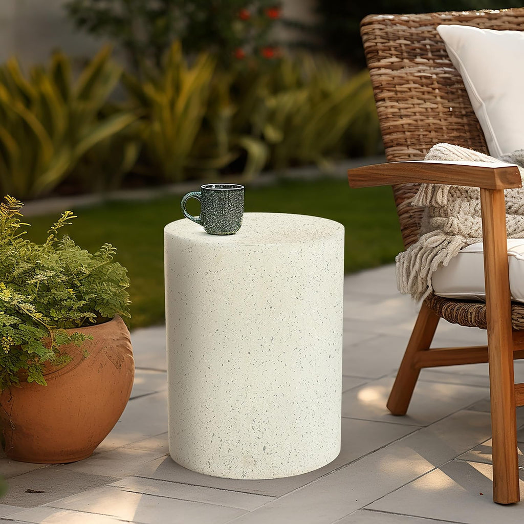 LuxenHome 18" Cement Outdoor Side Table, Modern Round Patio End Table