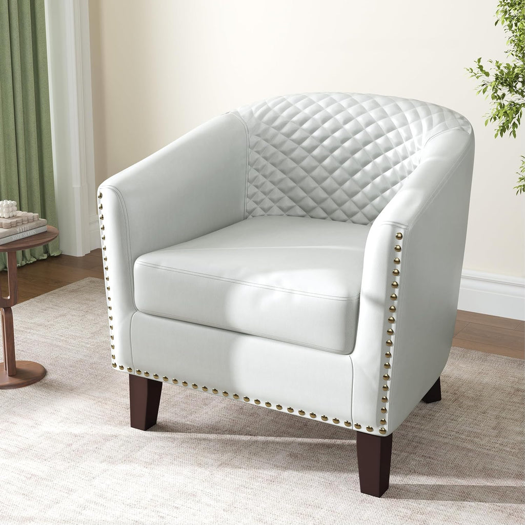 Faux Leather Barrel Accent Chair with Nailhead, White, Set of 2