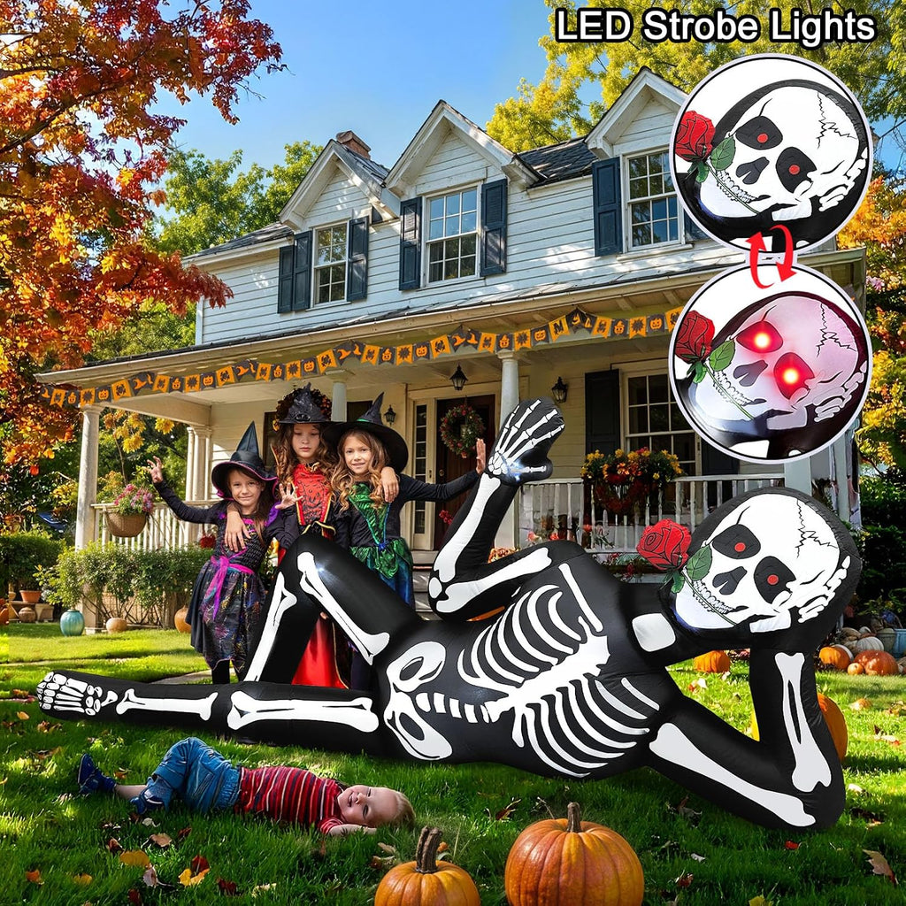 10FT Halloween Inflatable Outdoor Decoration, Lying Giant Skeleton with LED