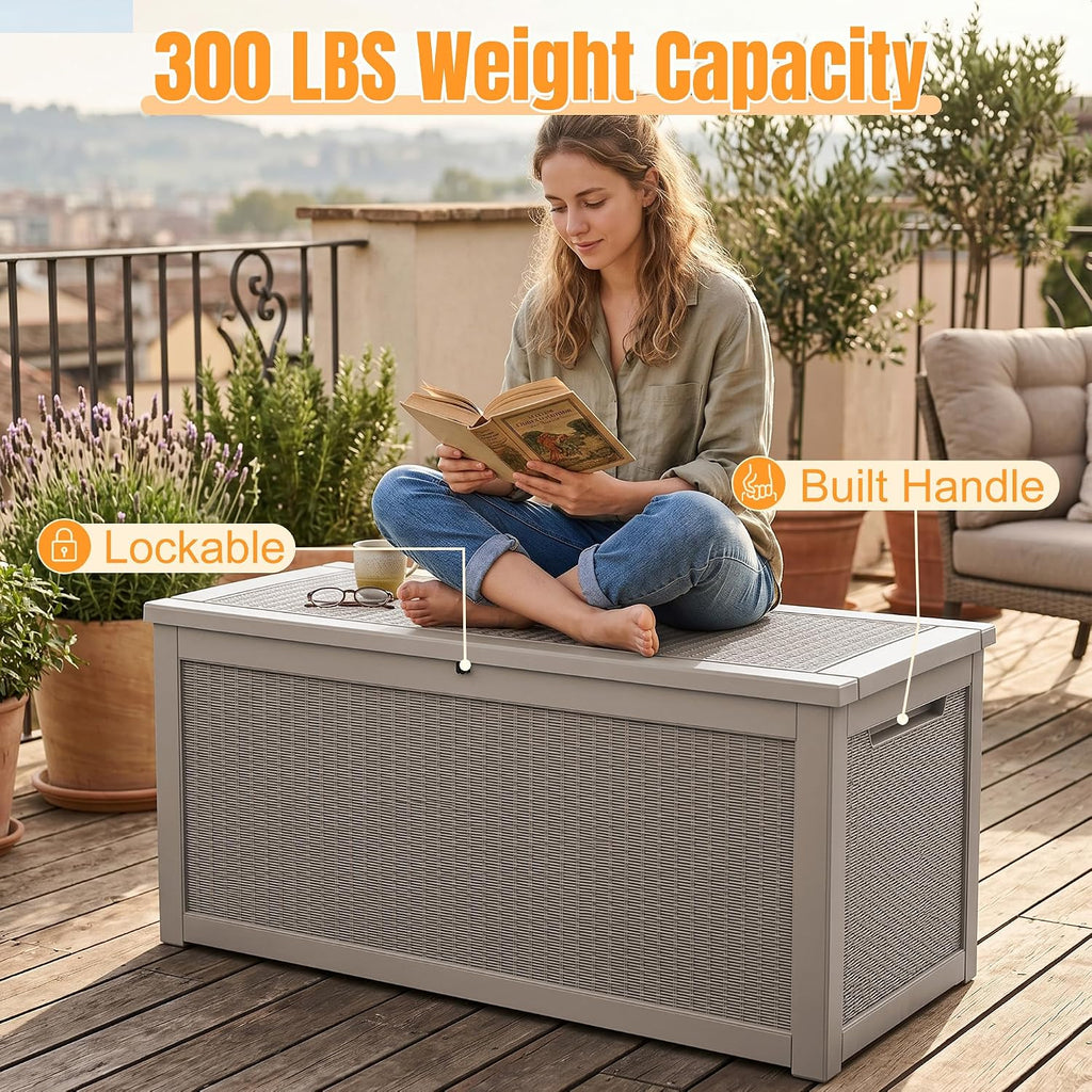Outdoor Storage Box, 380 Gallon Waterproof Resin Deck Box with Support Rod