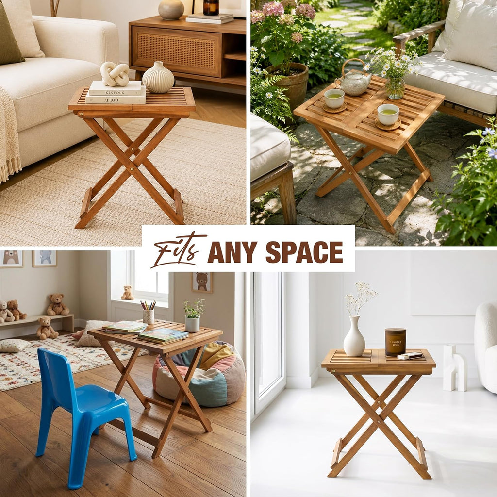 Folding Outdoor Patio & Camping Side Table, Acacia Wood, Golden Teak Finish